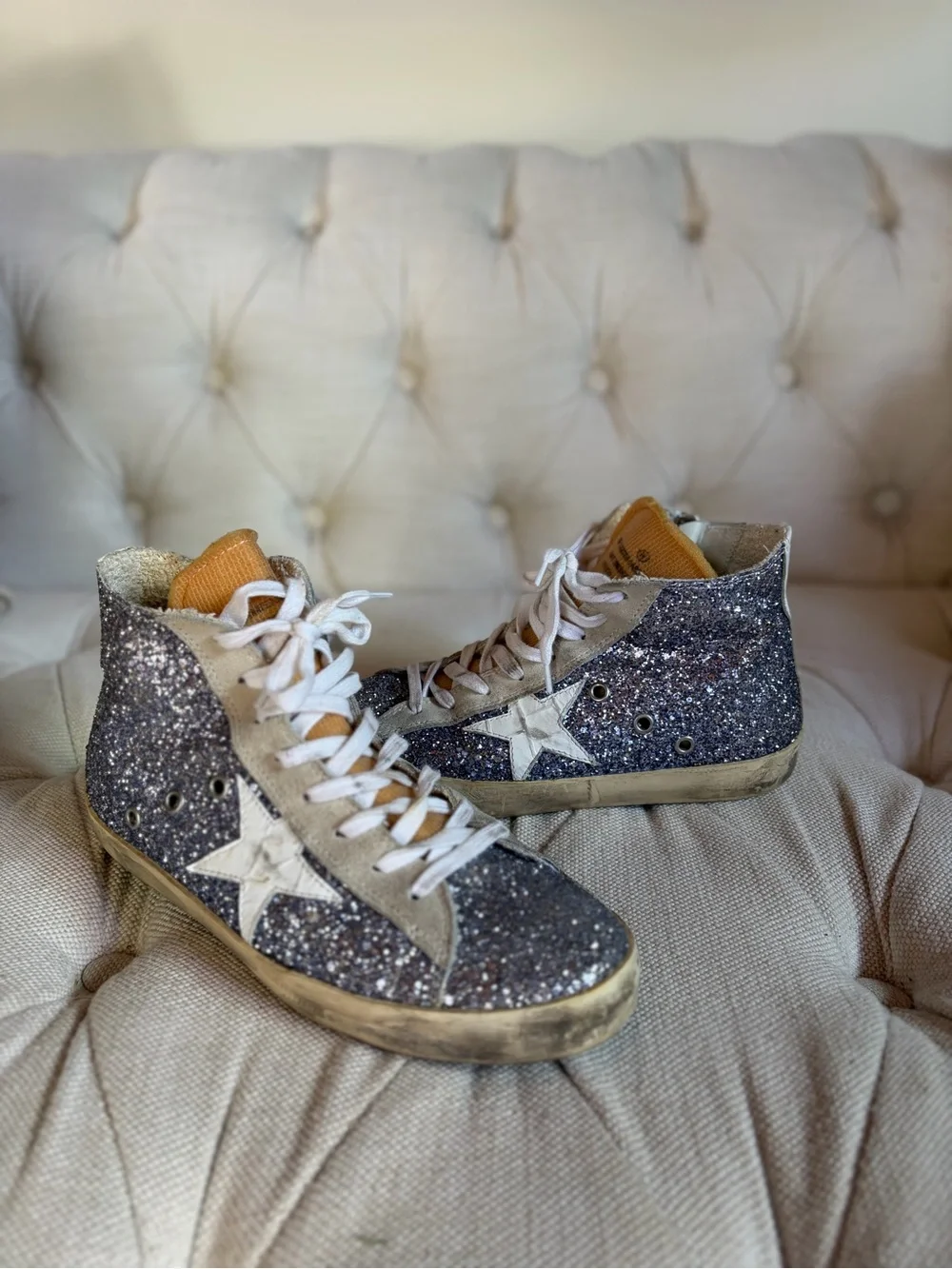 Golden Goose-Style Women's High-Top Glitter Sneakers in Blue Silver